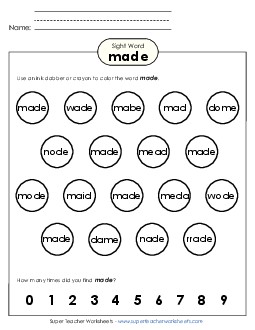 Dab or Color: Made Sight Words Individual Worksheet