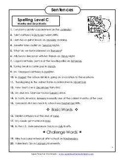 Spelling Test Sentences (C-Months and Days)  Spelling C Worksheet