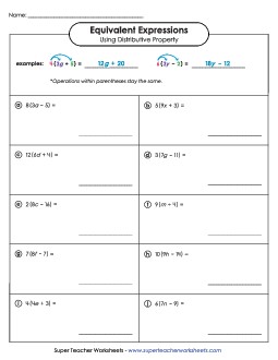 Find Equivalent Expressions Using Distributive Property (Intermediate) Expressions Equivalent Worksheet