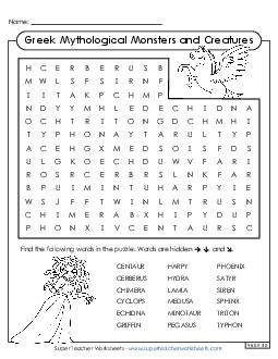 Word Search: Creatures & Monsters Greek Mythology Worksheet