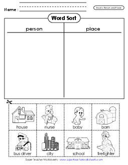 New Nouns Cut & Sort (Person & Place)   Worksheet