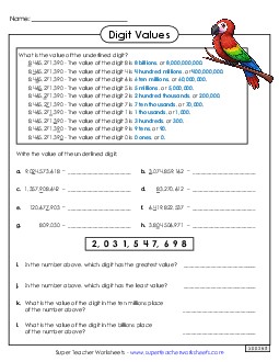 Underlined Digit (10 Digits) Place Value Worksheet