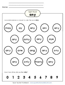 Dab or Color: Any Sight Words Individual Worksheet