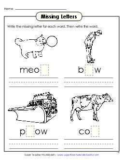 Missing Letters (-ow) Word Families Worksheet