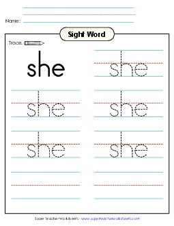 Trace the Word: She Sight Words Individual Worksheet