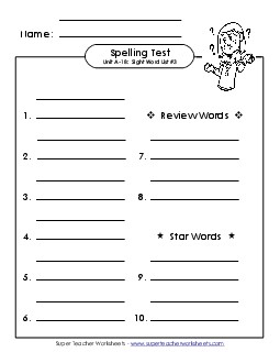 Spelling Test (A-18) Spelling A Worksheet