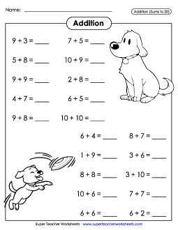 Basic Addition Facts: Dogs (Horizontal) Worksheet