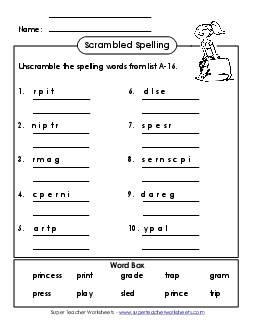 Word Unscramble (A-16) Spelling A Worksheet