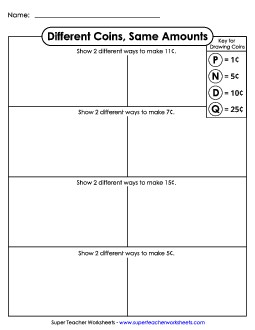 Different Coins, Same Amounts (Basic) Counting Money Worksheet