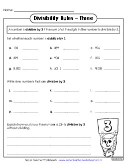 Divisibility Rules: Three Worksheet