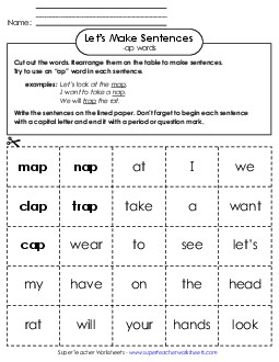 Make Sentences: Word Cards (-ap) Word Families Worksheet