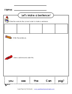 Build a Sentence: See the Pig  Sentences Basic Worksheet