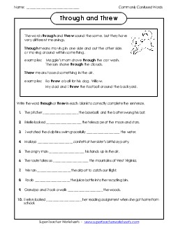 Through and Threw Commonly Confused Words Worksheet