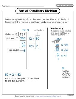 Partial Quotients Anchor Chart  (3-Digit by 2-Digit) Division Worksheet