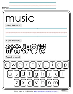 Write, Color, Type: Music Sight Words Individual Worksheet