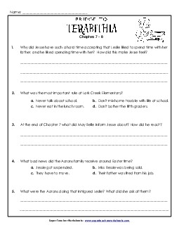 Questions for Chapters 7 and 8 Book Bridge To Terabithia Worksheet