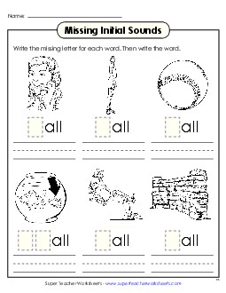 Missing Initial Sounds (-all) Word Families Worksheet