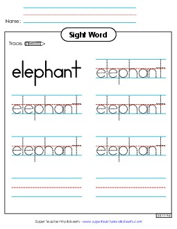 Trace the Word: Elephant Sight Words Individual Worksheet