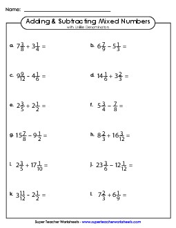 Adding and Subtraction Mixed Numbers 5th Grade Math Worksheet