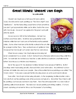 Great Minds: Vincent van Gogh  6th Grade Reading Comprehension Worksheet