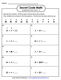 Secret Code Math: Multiplication Basic Facts 0-10 Worksheet