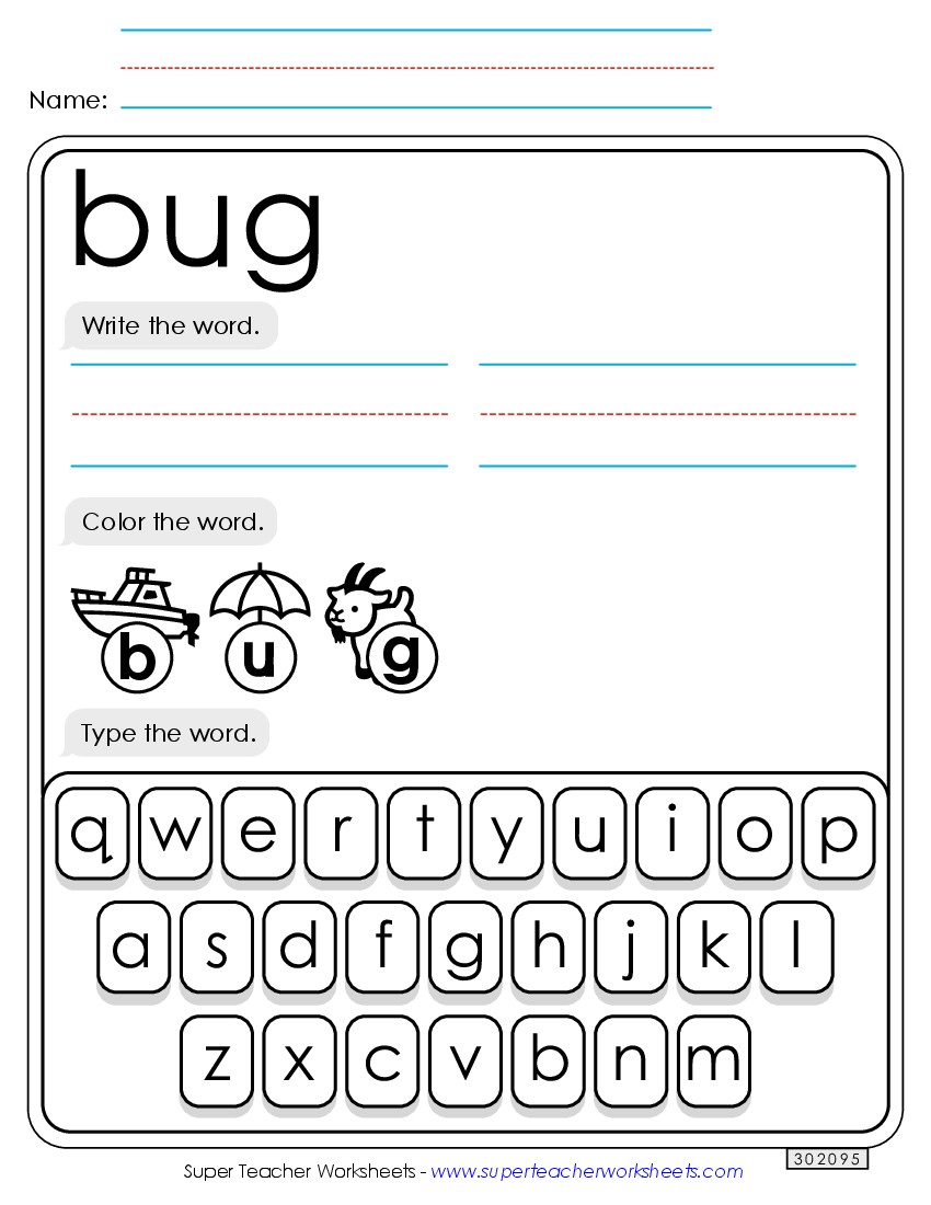 Write, Color, Type: Bug Sight Words Individual Worksheet