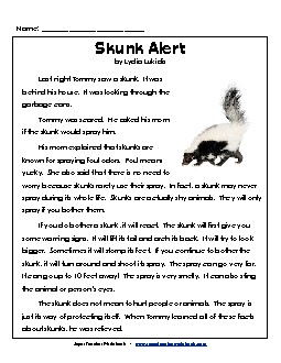 Skunk Alert 2nd Grade Reading Comprehension Worksheet