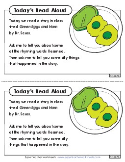 Parent Note Picture Book Green Eggs And Ham Worksheet