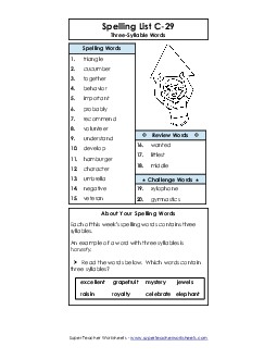 Spelling List C-29 Spelling C Worksheet