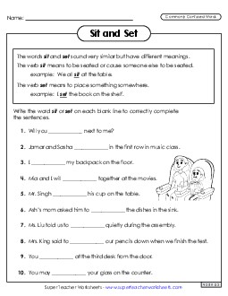 Sit and Set Commonly Confused Words Worksheet