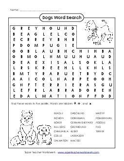 Dogs Wordsearch Worksheet