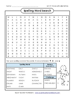 Word Search (E-9) Spelling E Worksheet