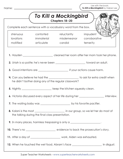 New Vocabulary Activity for Chapters 18–20<br>Complete the Sentences Worksheet New Vocabulary Activity for Chapters 18–20<br>Complete the Sentences Worksheet