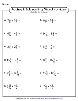 Adding and Subtractiong Mixed Numbers w/ Unlike Denominators (Horizontal) Fractions Worksheet