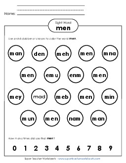 Dab or Color: Men Sight Words Individual Worksheet