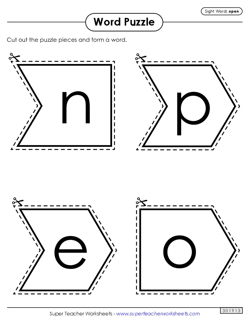 Word Puzzle: Open Sight Words Individual Worksheet