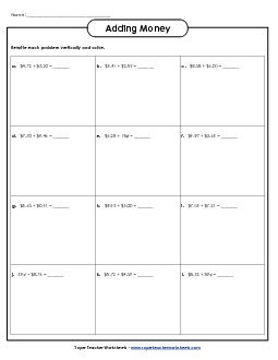 Addition Boxes: Money Worksheet