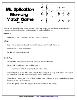 Memory Match Game Multiplication Worksheet