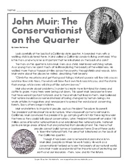 John Muir: Conservationist on a Quarter 5th Grade Reading Comprehension Worksheet