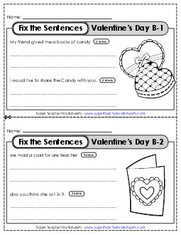 Fix the Sentences: Valentine\'s Day (Level B) Worksheet