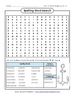 Word Search (E-10) Spelling E Worksheet