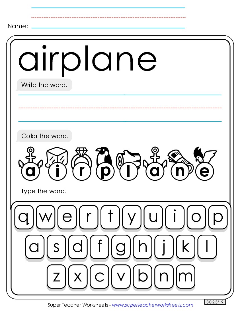 Write, Color, Type: Airplane Sight Words Individual Worksheet