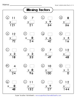 Missing Factors (0-12) Multiplication Worksheet