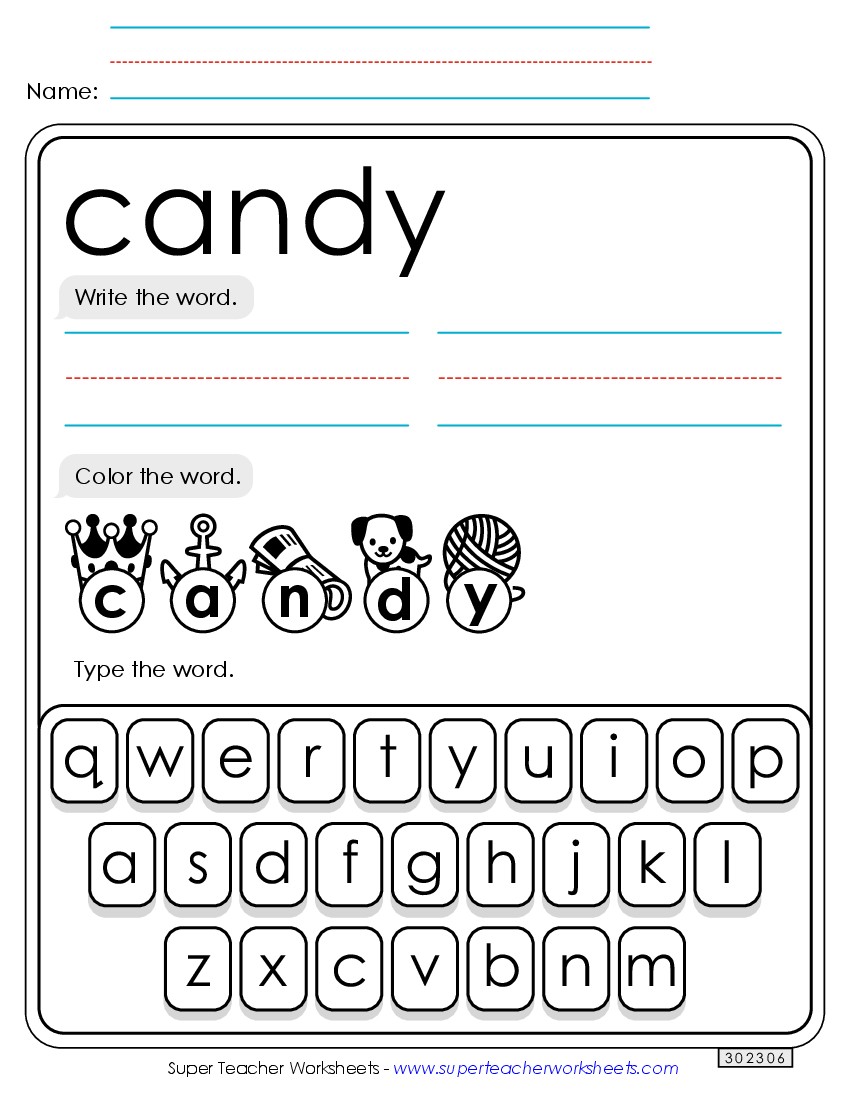 Write, Color, Type: Candy Sight Words Individual Worksheet