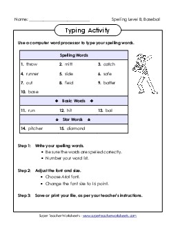 Typing Activity (B-Baseball)  Spelling B Worksheet