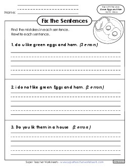 Fix the Sentences: Green Eggs Picture Book Green Eggs And Ham Worksheet