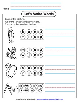 Color the Letters & Write (-ing) Word Families Worksheet