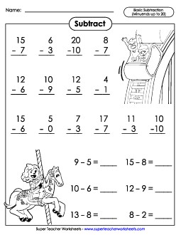 Basic Subtraction (Minuends to 20 2nd Grade Math Worksheet