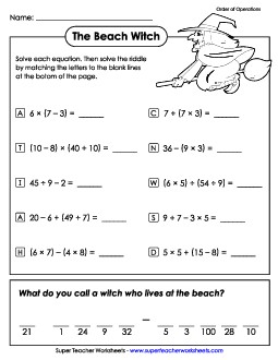 Witch at the Beach (Intermediate: Order of Operations) Worksheet