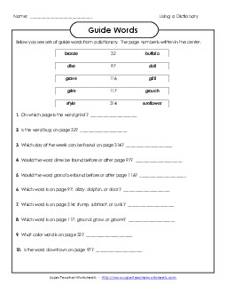 Guide Words (Dictionary Skills) 4th Grade ELA Worksheet